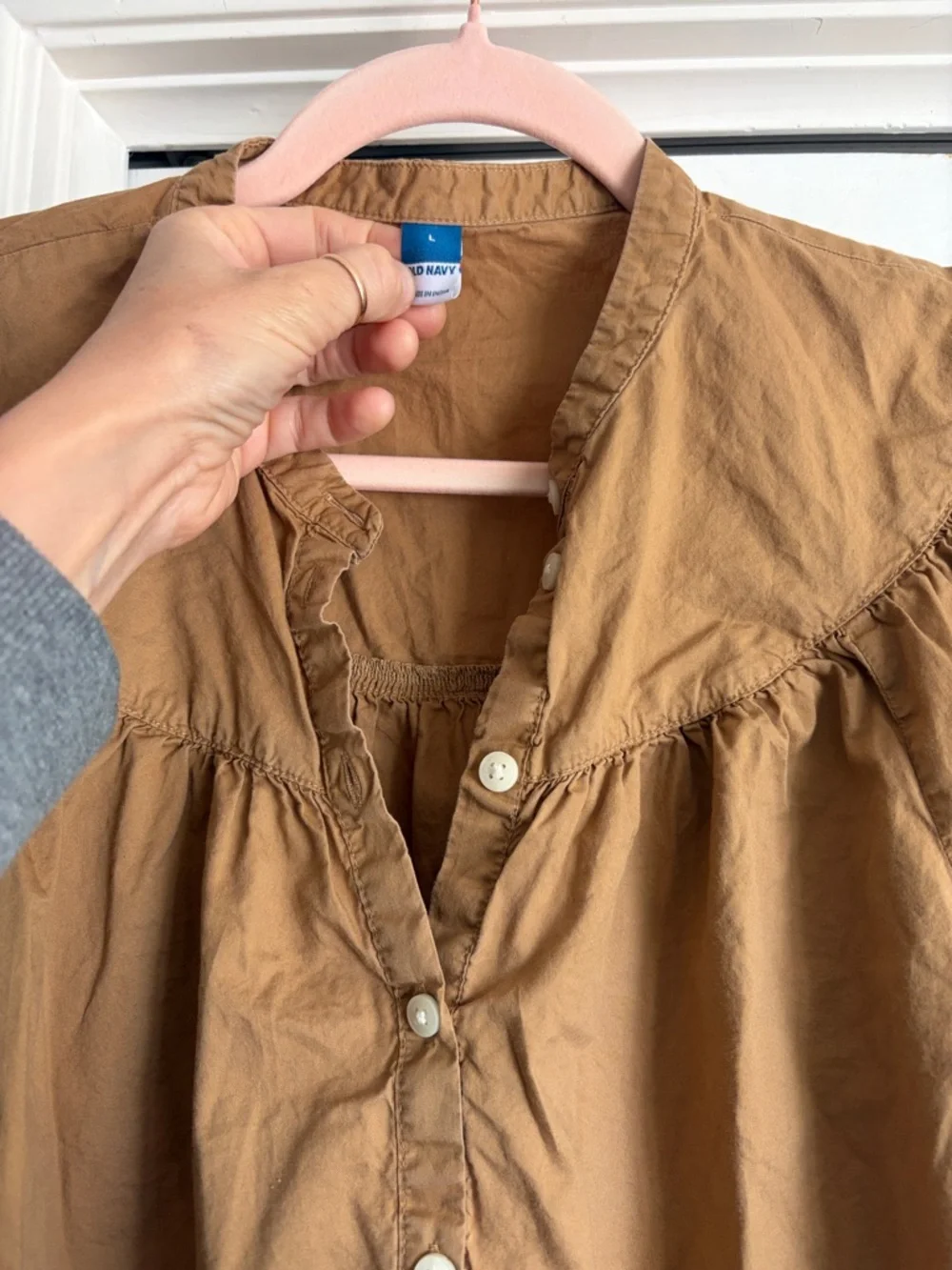 Old Navy Mocha Camel Puff Sleeve Henley Top Blouse